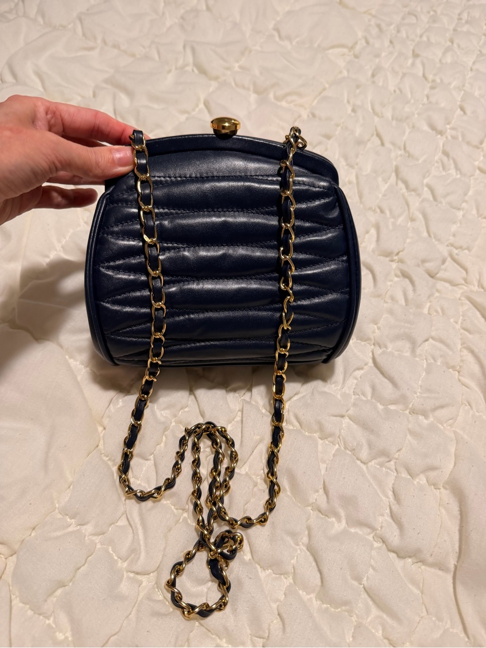 Vintage Quilted Navy Leather Crossbody Bag with Gold Chain